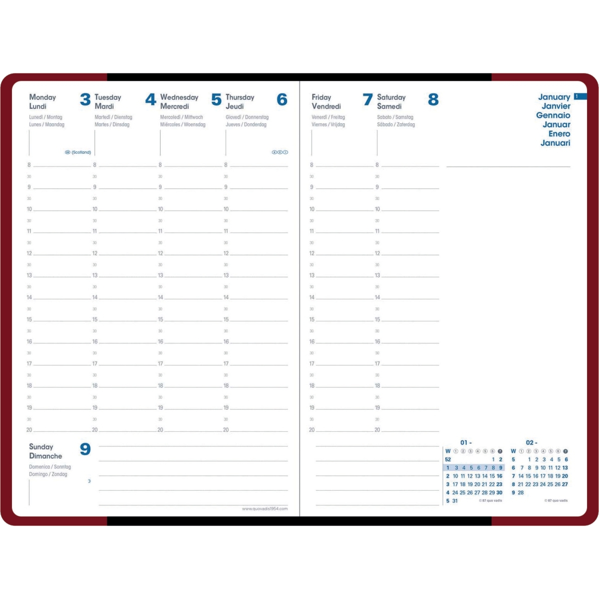Agenda semainier Eunoïa 10x15cm rouge bordeaux