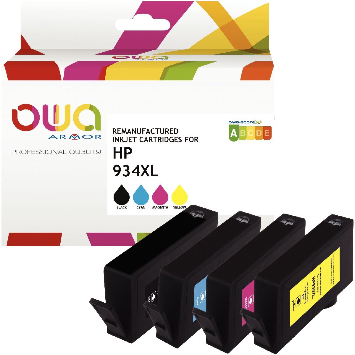 OWA Lot 4 cartouches jet d'encre NCMJ haute capacité compatible HP 934XL / 935XL (C2P23AE)
