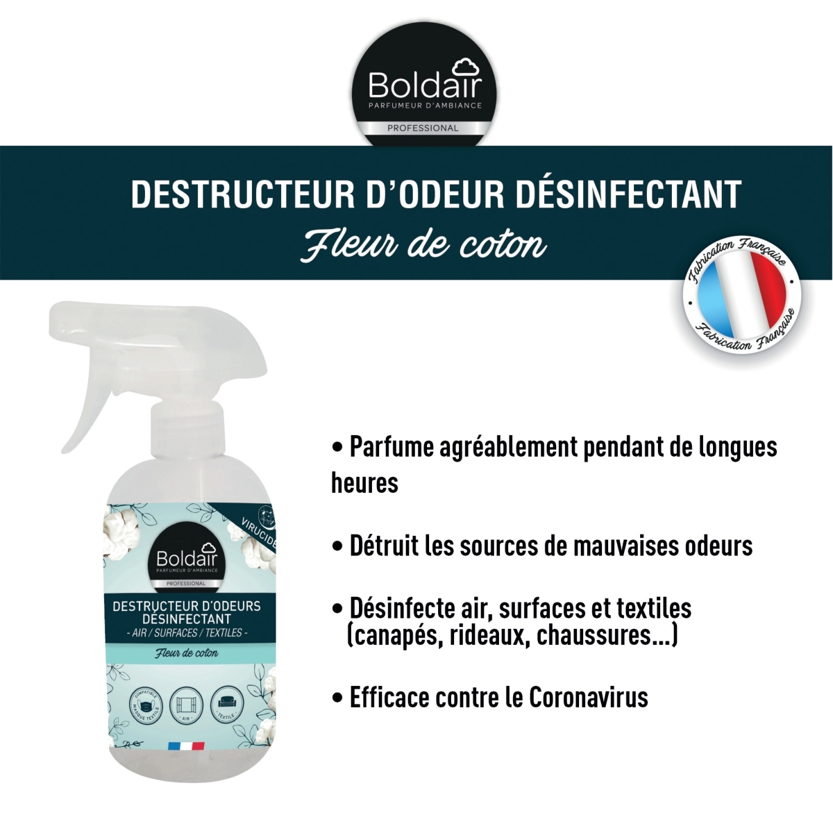Spray 500ml destructeur d'odeur Fleur de coton