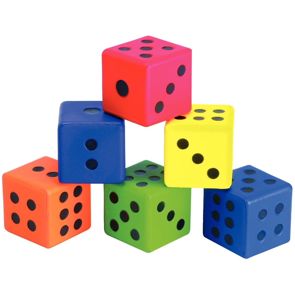 Lot de 6 dés en mousse de PVC 7,5cm assortis